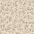 Olivia wallpaper by Sandberg, flat swatch of sage leaves and burgundy olives with white blossoms on a warm beige ground