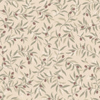 Olivia wallpaper by Sandberg, flat swatch of sage leaves and burgundy olives with white blossoms on a warm beige ground