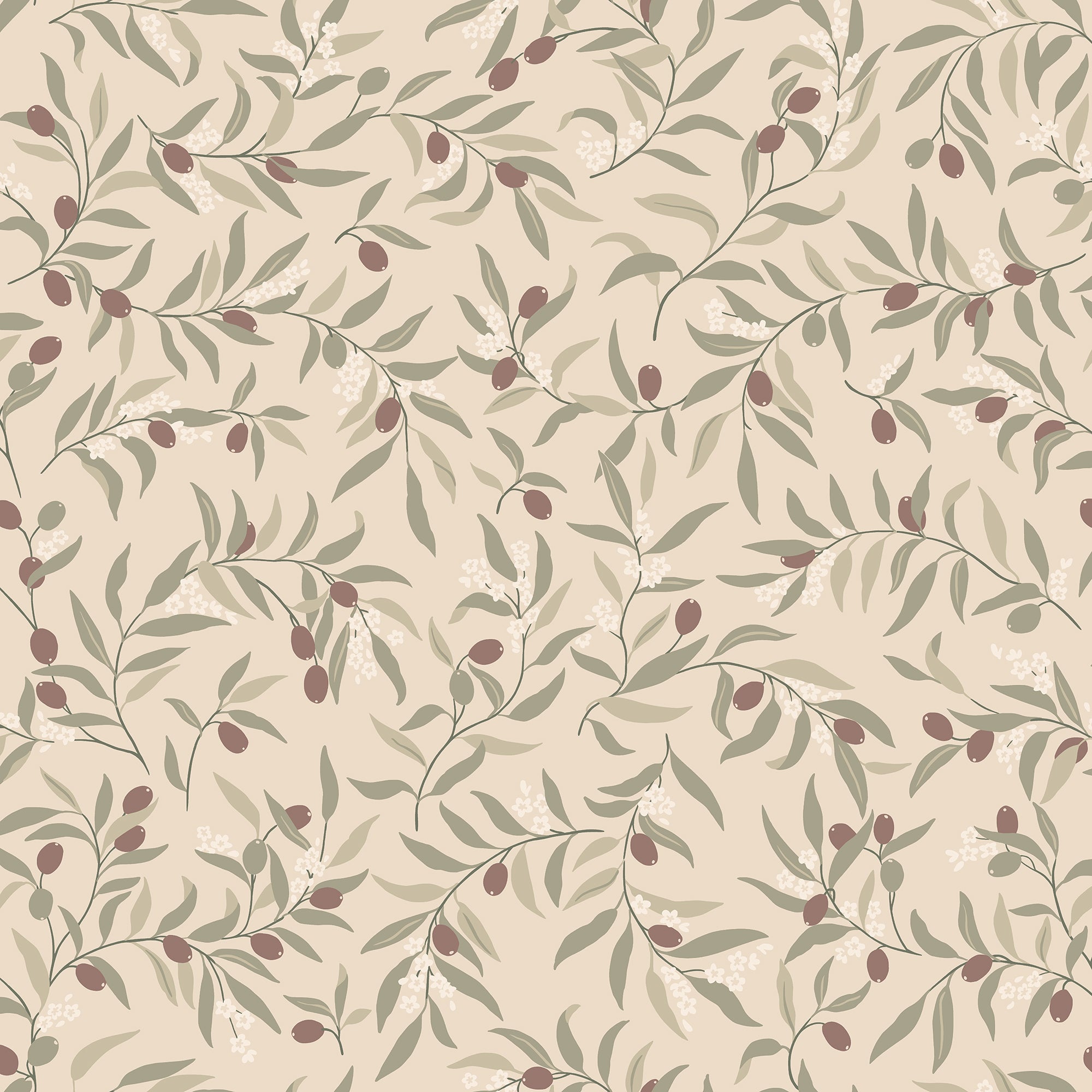 Olivia wallpaper by Sandberg, flat swatch of sage leaves and burgundy olives with white blossoms on a warm beige ground
