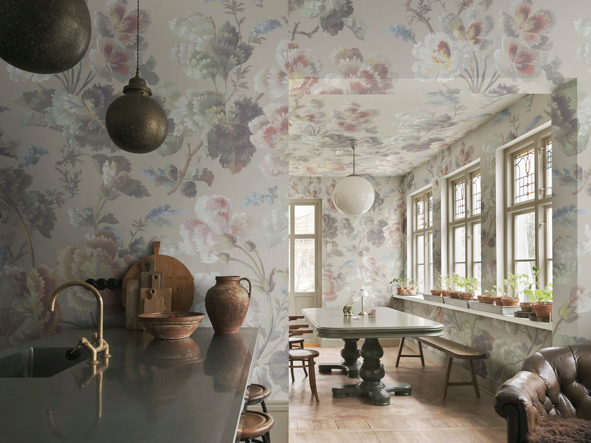 Ines wallpaper by Sandberg – floral design, Beige – styled in a room setting, view 2