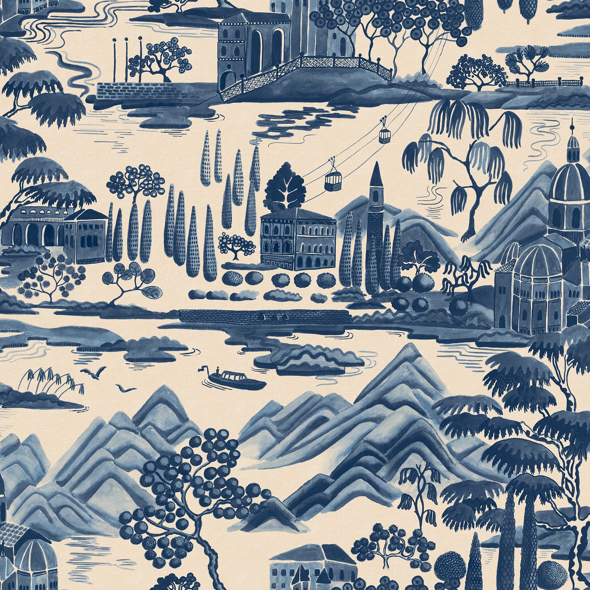 Lake Como wallpaper by Sandberg, flat swatch of a blue-and-cream Italian lakeside toile with villas, cypress trees and mountains