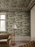 Lake Como wallpaper by Sandberg in Forest Green, styled on an interior wall