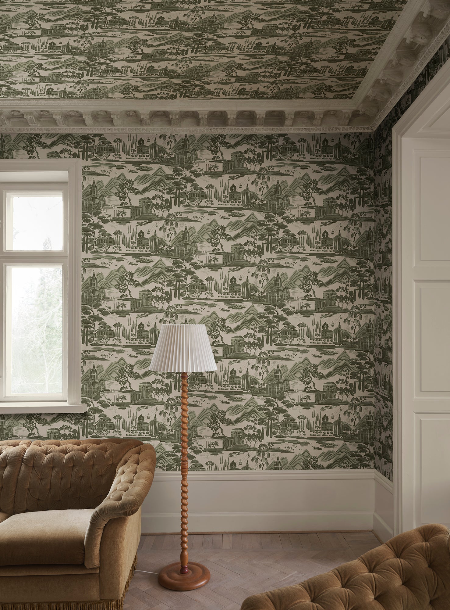 Lake Como wallpaper by Sandberg in Forest Green, styled on an interior wall