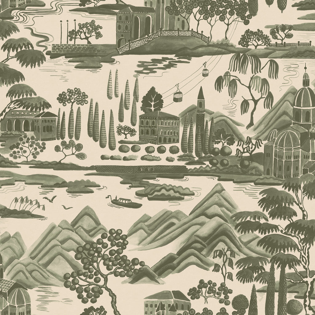 Lake Como wallpaper by Sandberg in sage green, flat swatch of the Italian lakeside toile with bridges, cypress trees and mountains