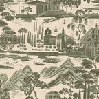 Lake Como wallpaper by Sandberg in sage green, flat swatch of the Italian lakeside toile with bridges, cypress trees and mountains