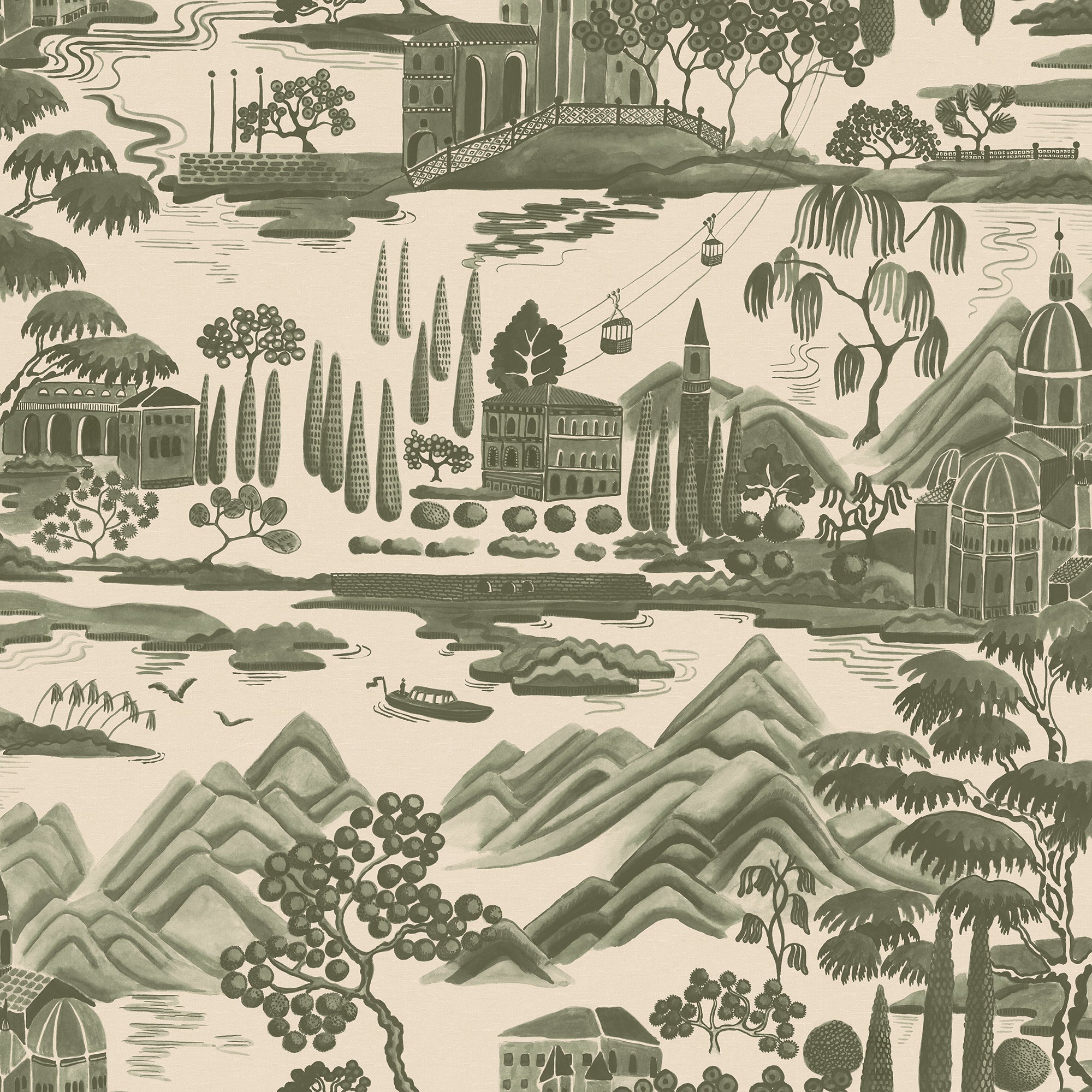 Lake Como wallpaper by Sandberg in sage green, flat swatch of the Italian lakeside toile with bridges, cypress trees and mountains