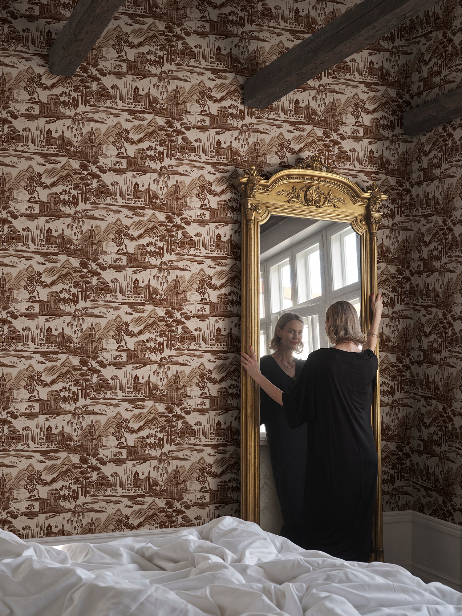 Lake Como wallpaper by Sandberg in Brown, styled on an interior wall