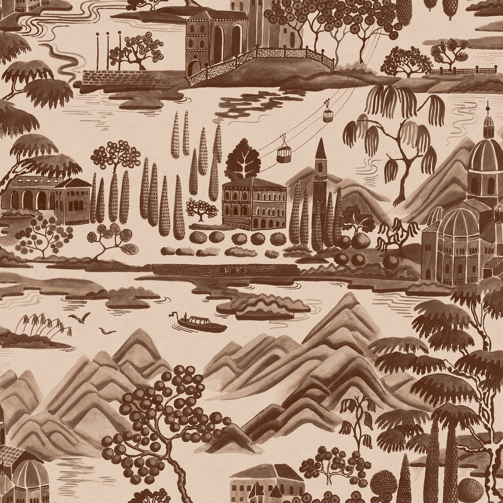 Lake Como wallpaper by Sandberg in warm sepia brown, flat swatch of the lakeside scenic toile with villas, cypress trees and hills