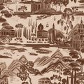Lake Como wallpaper by Sandberg in warm sepia brown, flat swatch of the lakeside scenic toile with villas, cypress trees and