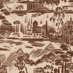 Lake Como wallpaper by Sandberg in warm sepia brown, flat swatch of the lakeside scenic toile with villas, cypress trees and hills