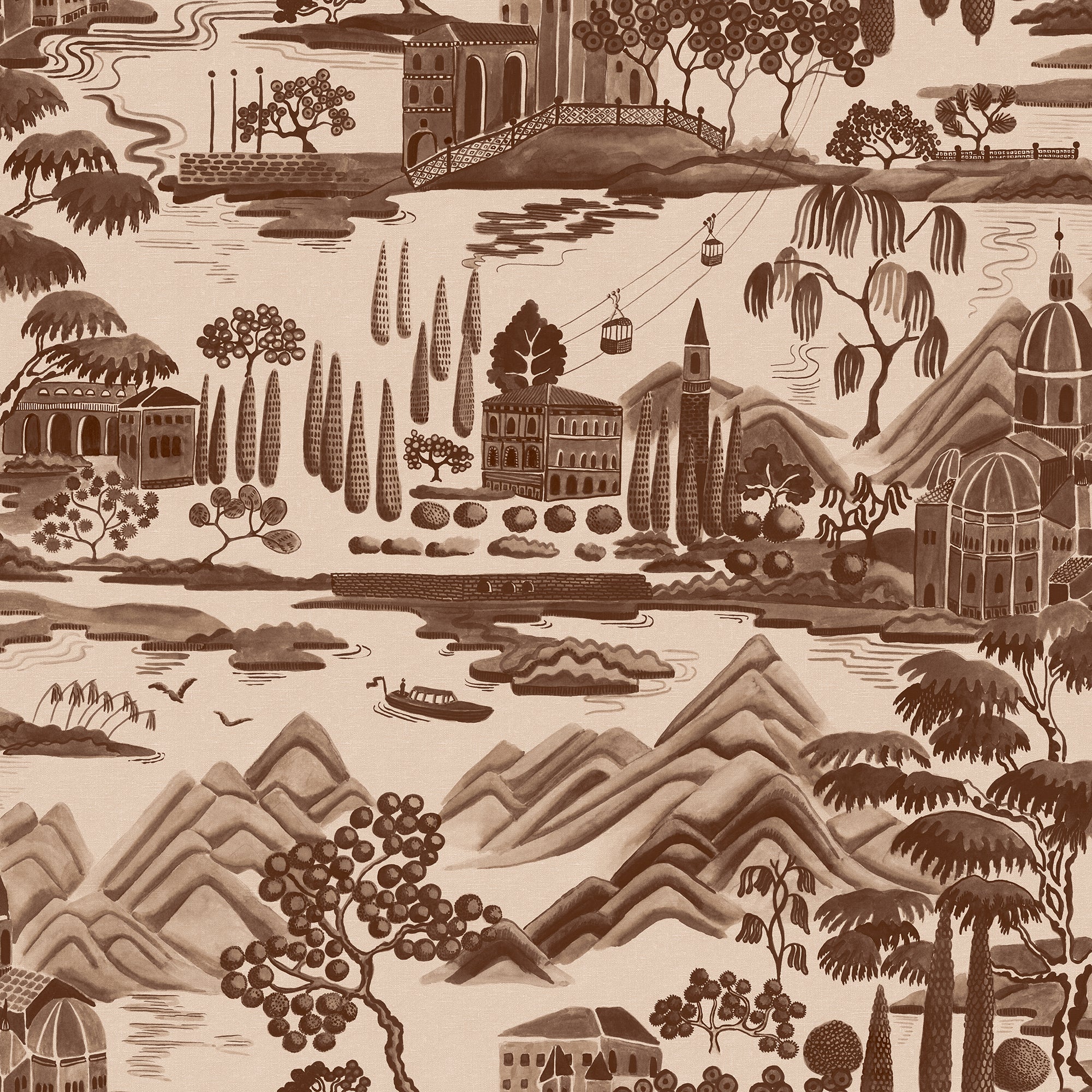 Lake Como wallpaper by Sandberg in warm sepia brown, flat swatch of the lakeside scenic toile with villas, cypress trees and hills