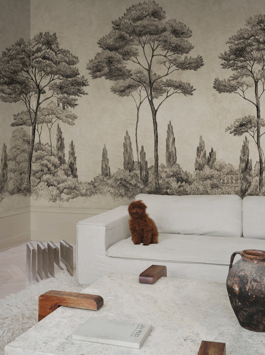 Andrea wall mural by Sandberg – forest & woodland design, Grey – Graphite – styled in a room setting, view 4