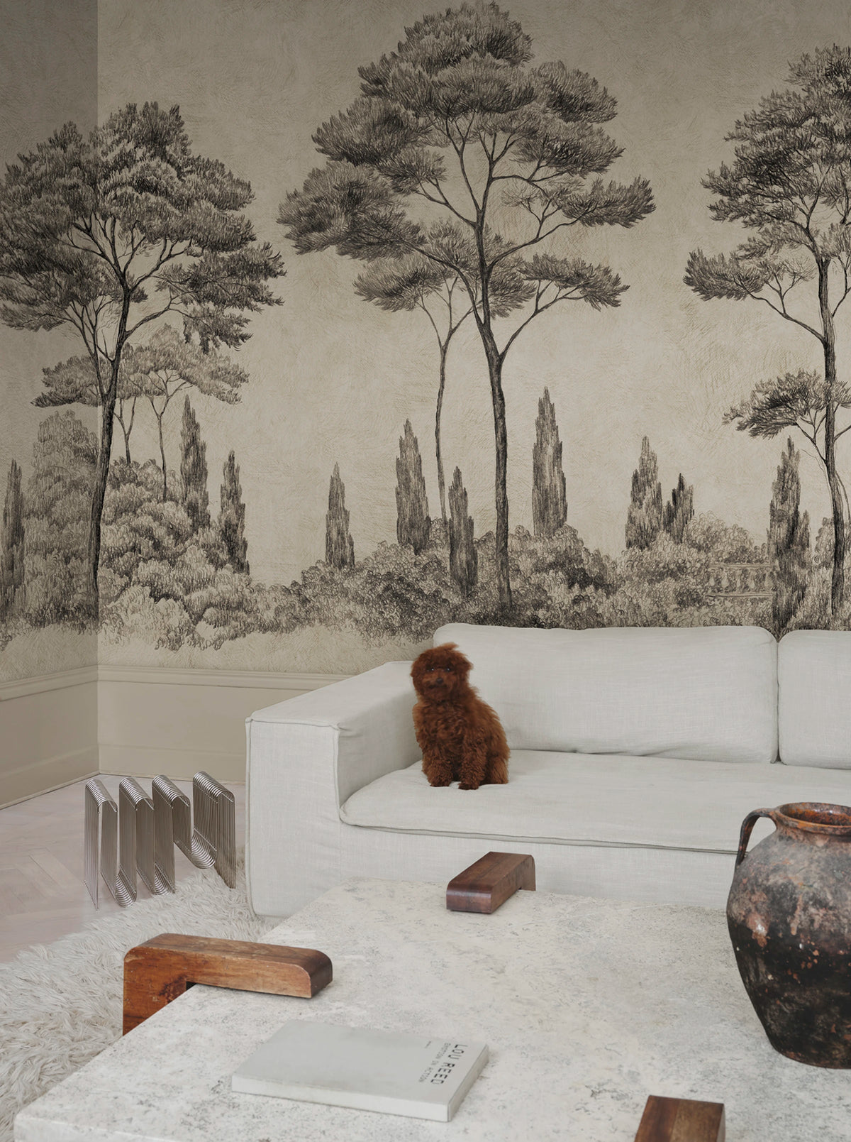 Andrea wall mural by Sandberg – forest & woodland design, Grey – Graphite – styled in a room setting, view 4