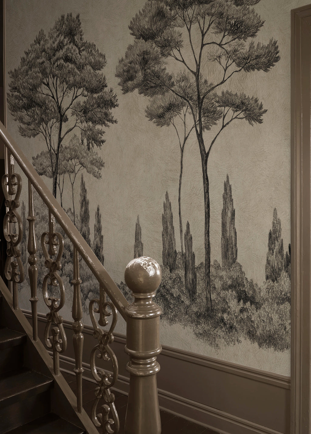 Andrea wall mural by Sandberg – forest & woodland design, Grey – Graphite – styled in a room setting, view 5