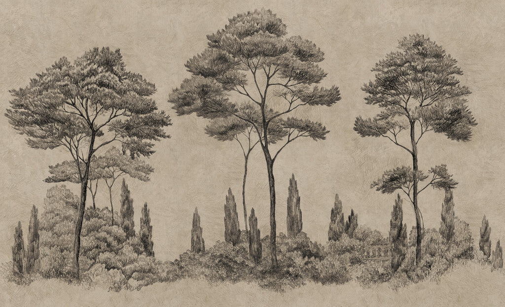 Andrea wall mural by Sandberg – forest & woodland design, Grey – Graphite – styled in a room setting, view 3
