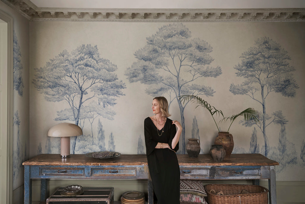 Andrea wall mural by Sandberg – forest & woodland design, Blue – styled in a room setting, view 2