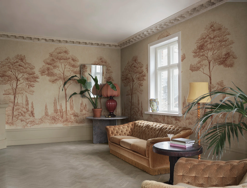 Andrea wall mural by Sandberg – forest & woodland design, Orange – Terracotta – styled in a room setting, view 9