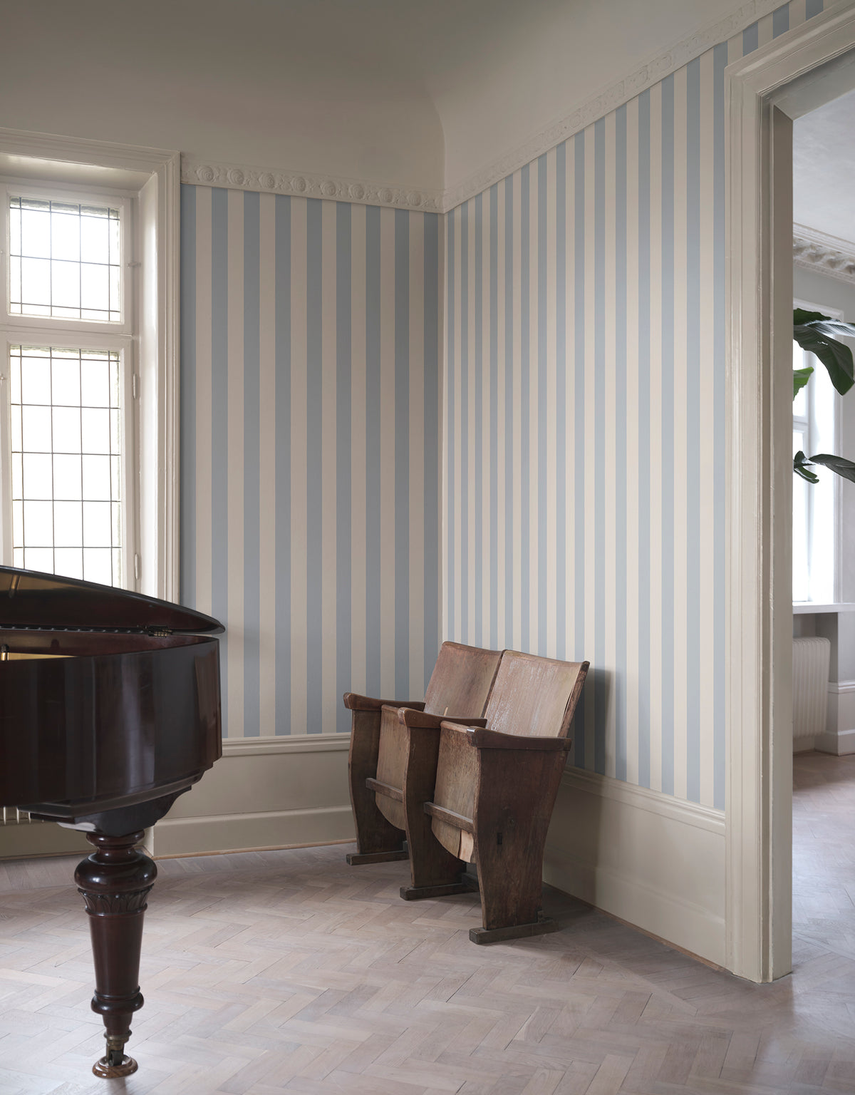 Sam wallpaper by Sandberg in Light Blue, styled on an interior wall