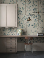 Laura wallpaper by Sandberg – botanical design, Blue – styled in a room setting, view 3
