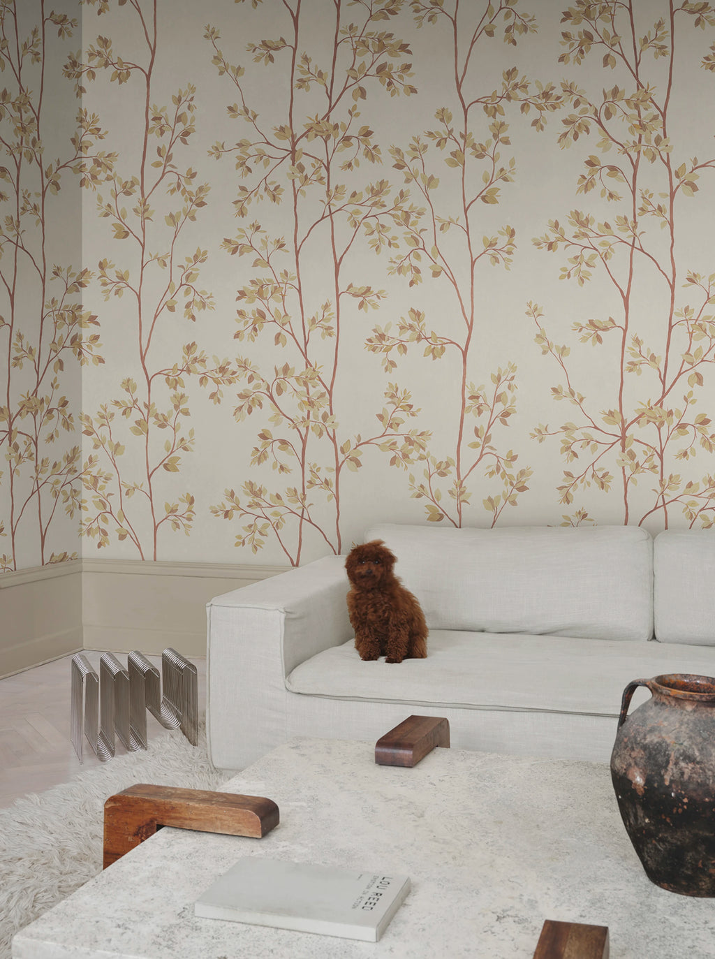 Laura wallpaper by Sandberg – botanical design, Beige – styled in a room setting
