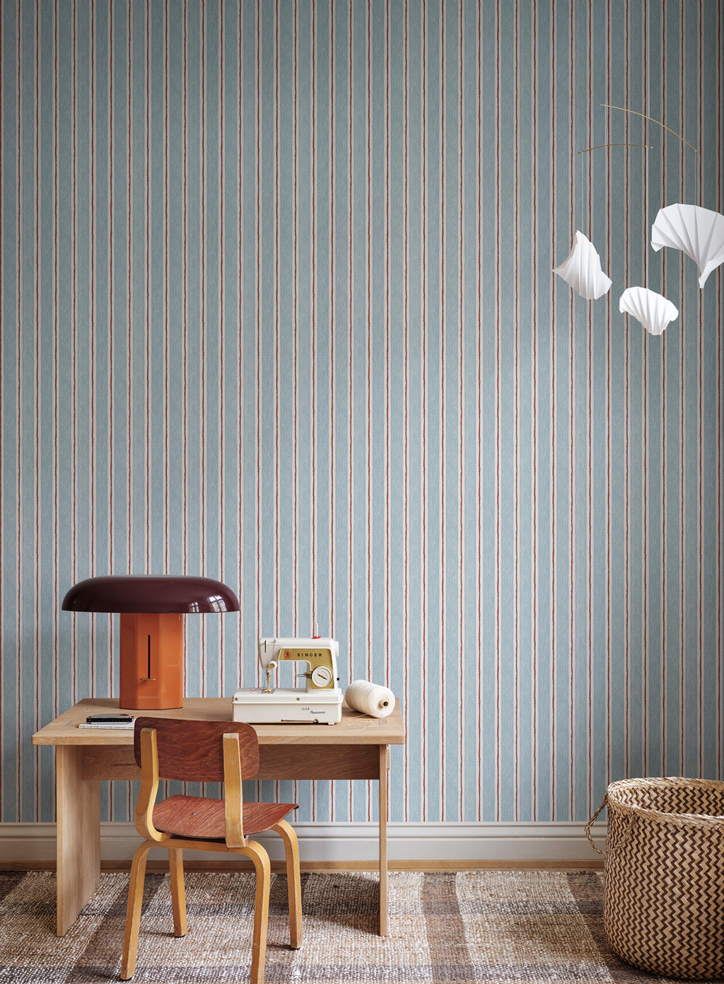 Albin wallpaper by Sandberg – stripe design, Blue – styled in a room setting, view 4