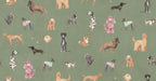 Taiga Dogs & Friends wall mural by Sandberg in sage green, flat view of watercolour dog breeds across a green ground