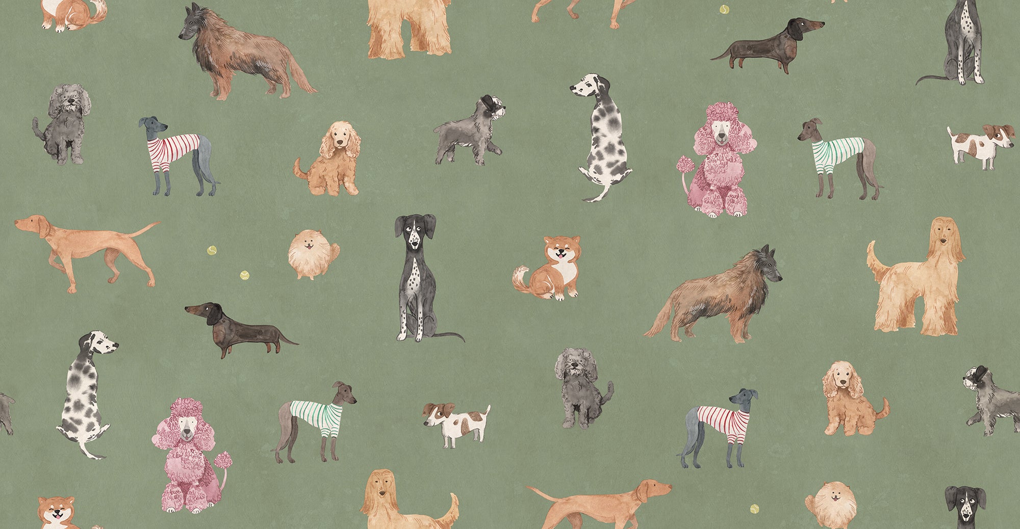 Taiga Dogs & Friends wall mural by Sandberg in sage green, flat view of watercolour dog breeds across a green ground