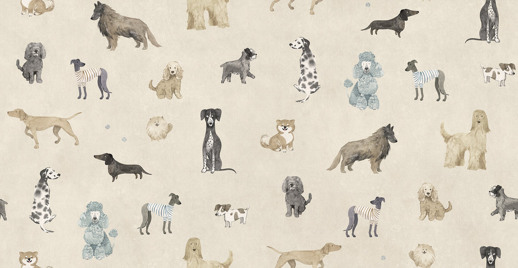 Taiga Dogs & Friends wall mural by Sandberg in sand beige, flat view of watercolour dog breeds across a cream ground