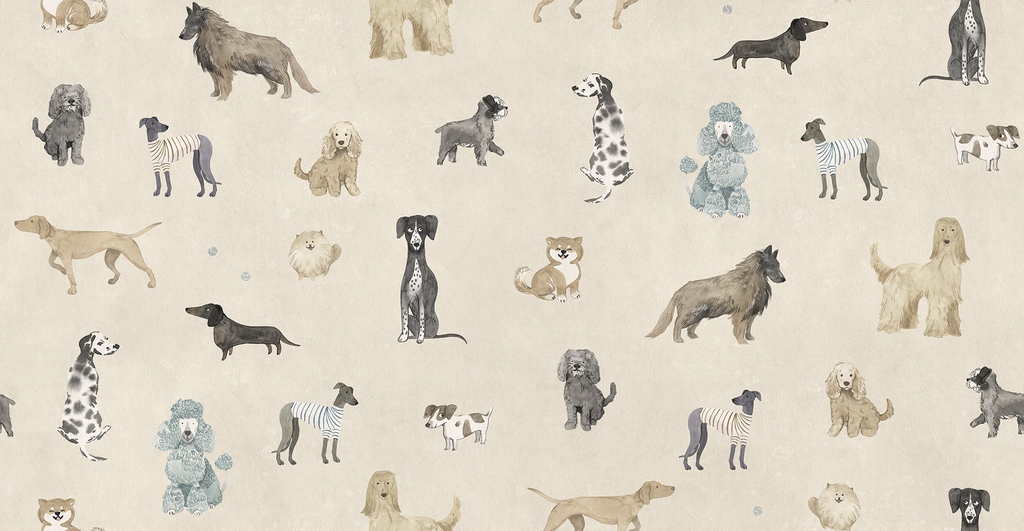 Taiga Dogs & Friends wall mural by Sandberg in sand beige, flat view of watercolour dog breeds across a cream ground