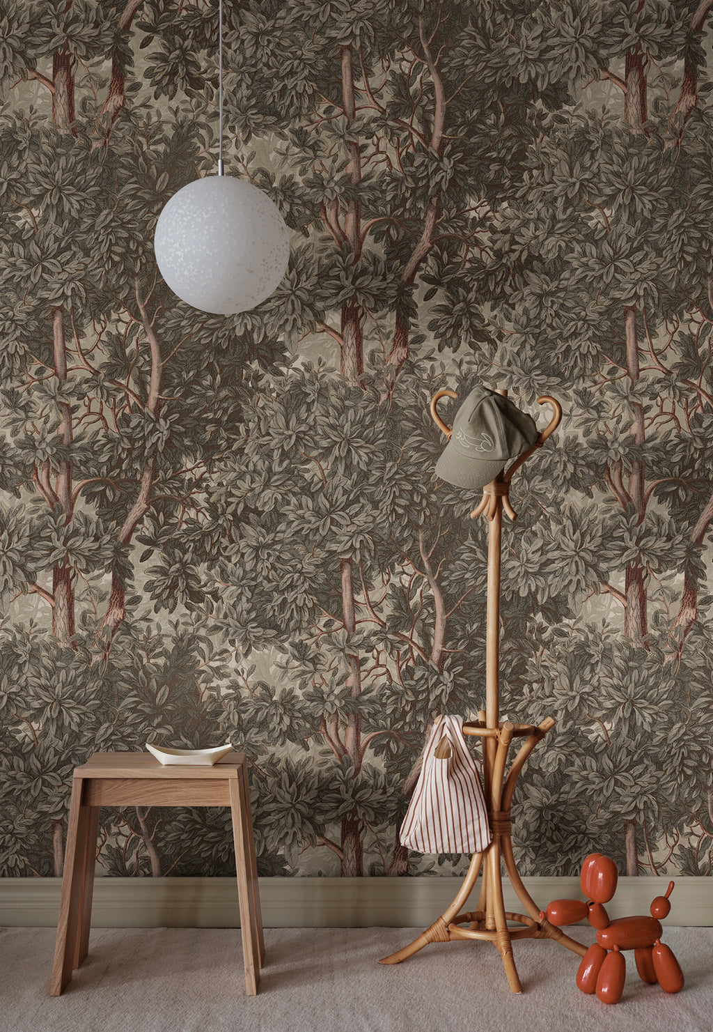 Charles wallpaper by Sandberg – forest & woodland design, Grey – styled in a room setting, view 6