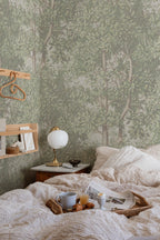 Charles wallpaper by Sandberg – forest & woodland design, Light Green – styled in a room setting, view 10