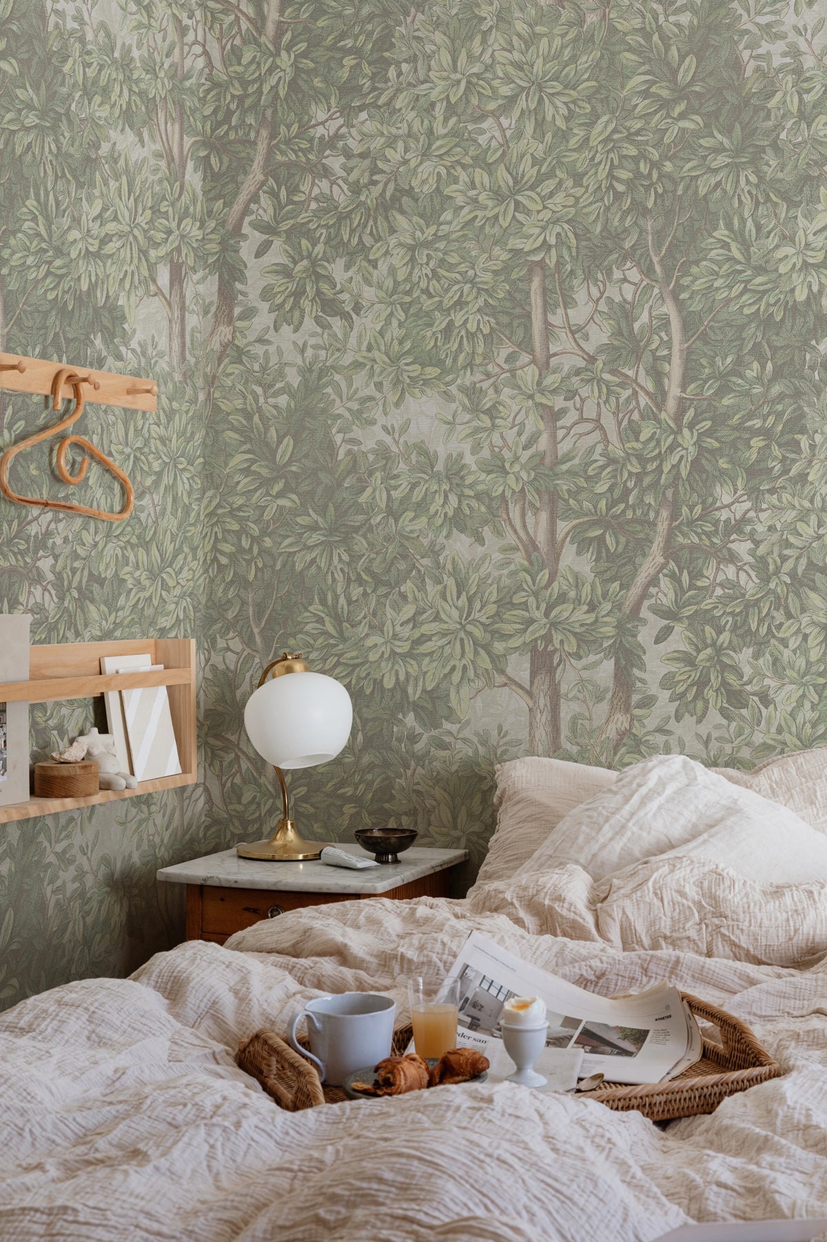 Charles wallpaper by Sandberg – forest & woodland design, Light Green – styled in a room setting, view 10