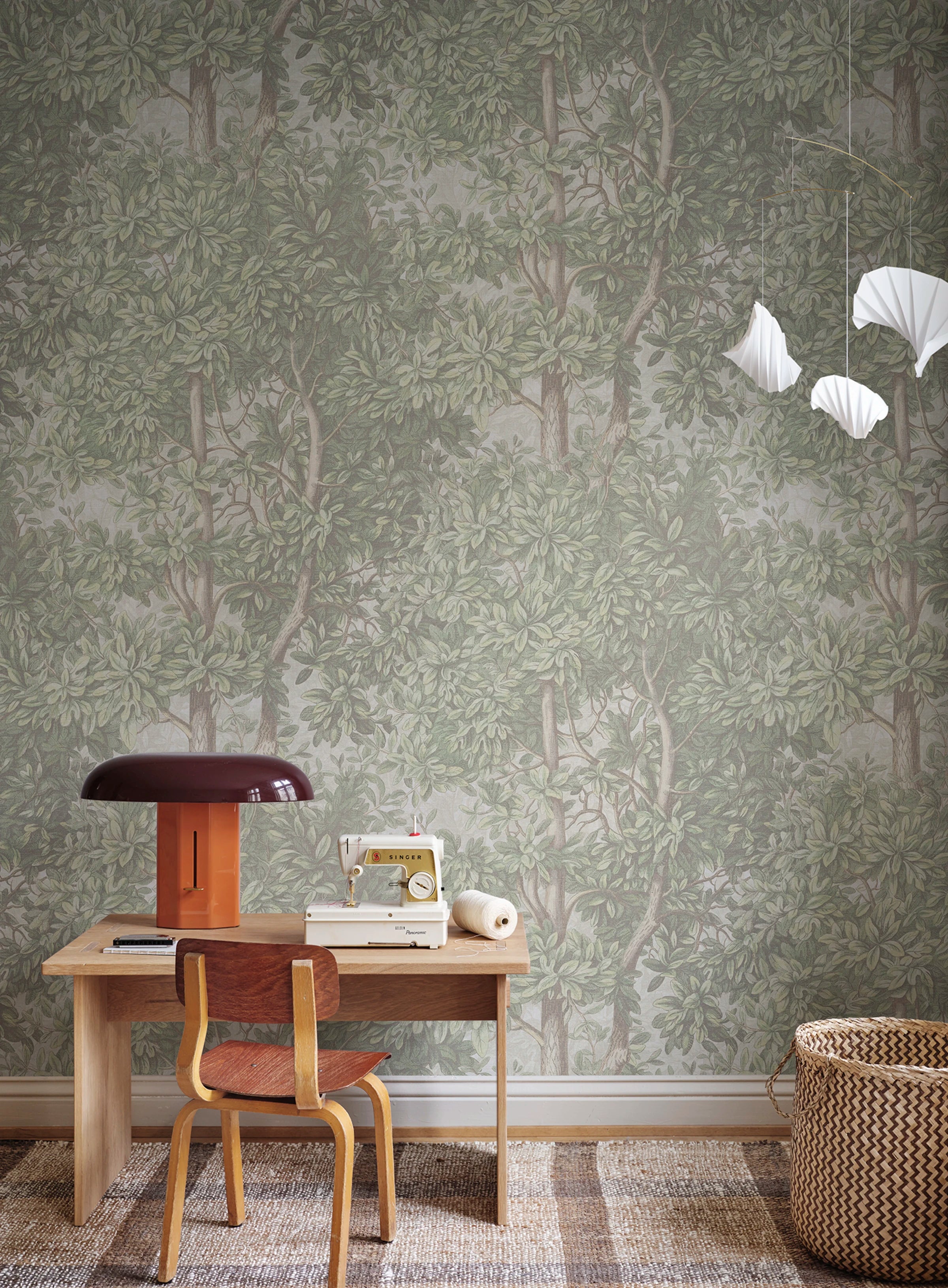 Charles wallpaper by Sandberg – forest & woodland design, Light Green – styled in a room setting, view 11