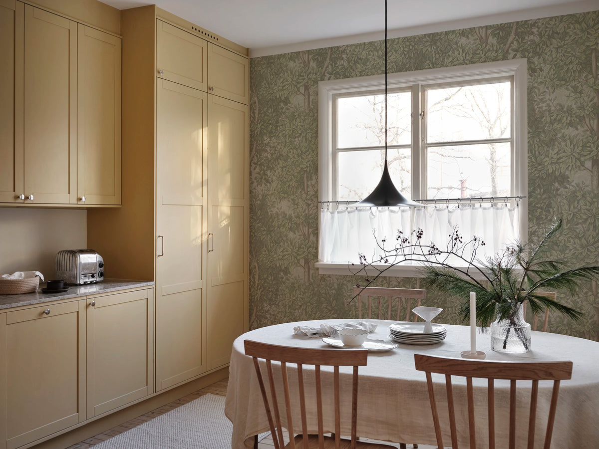 Charles wallpaper by Sandberg – forest & woodland design, Light Green – styled in a room setting, view 12