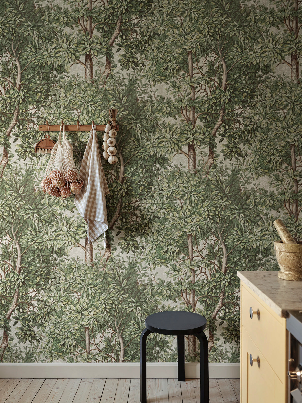 Charles wallpaper by Sandberg – forest & woodland design, Green – styled in a room setting, view 7
