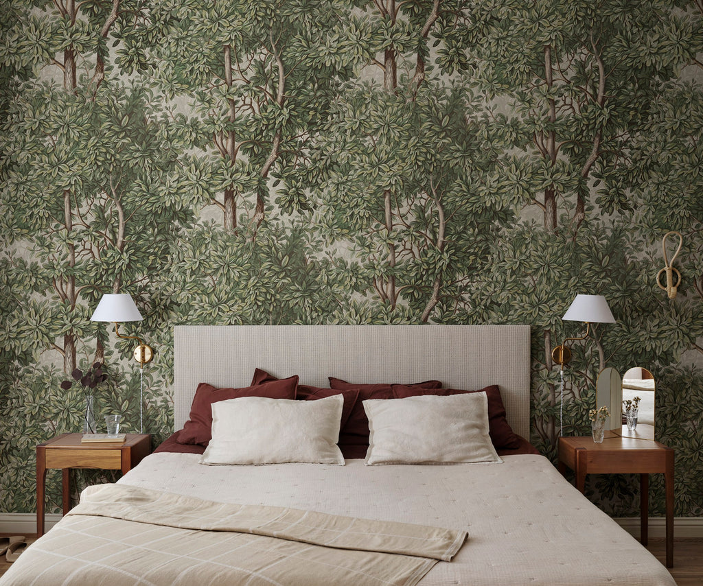 Charles wallpaper by Sandberg – forest & woodland design, Green – styled in a room setting, view 9