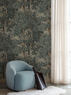 Charles wallpaper by Sandberg – forest & woodland design, Blue – styled in a room setting