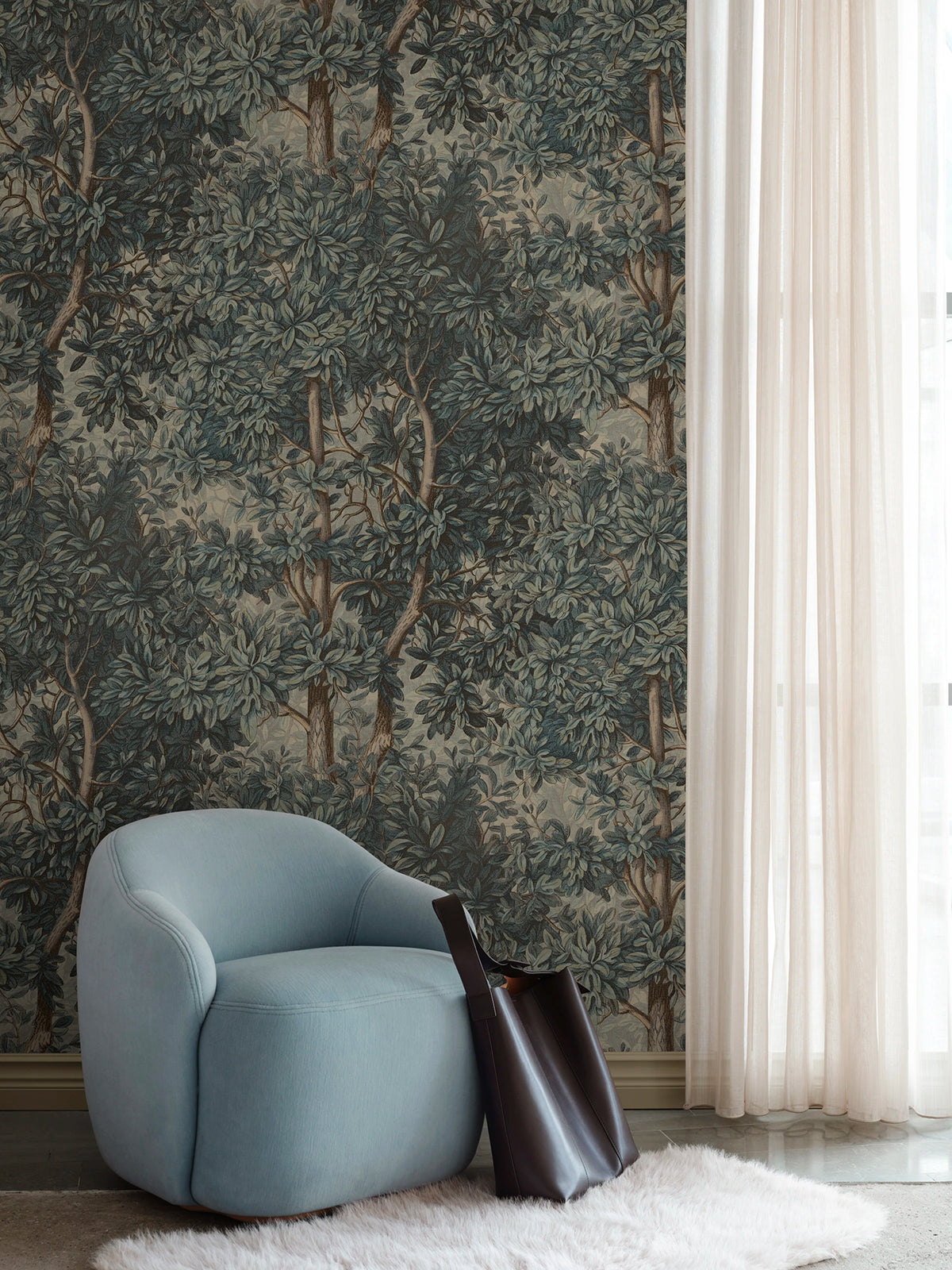 Charles wallpaper by Sandberg – forest & woodland design, Blue – styled in a room setting