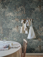 Charles wallpaper by Sandberg – forest & woodland design, Blue – styled in a room setting, view 2
