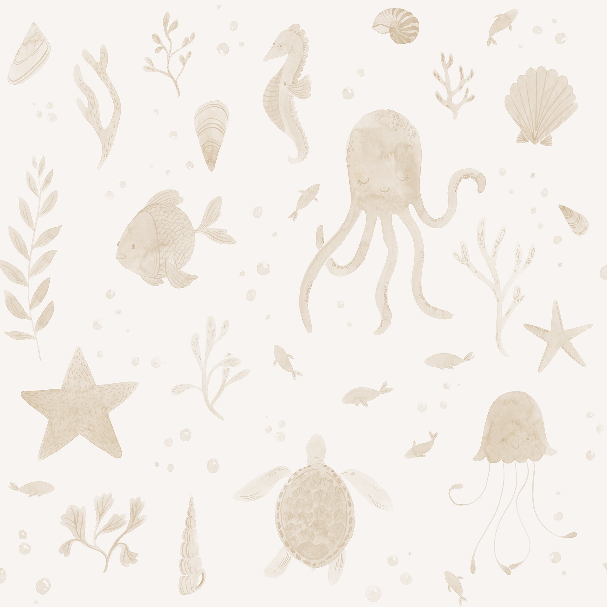 Della wallpaper by Sandberg in Beige, watercolour octopus, turtles, starfish and shells on a cream ground