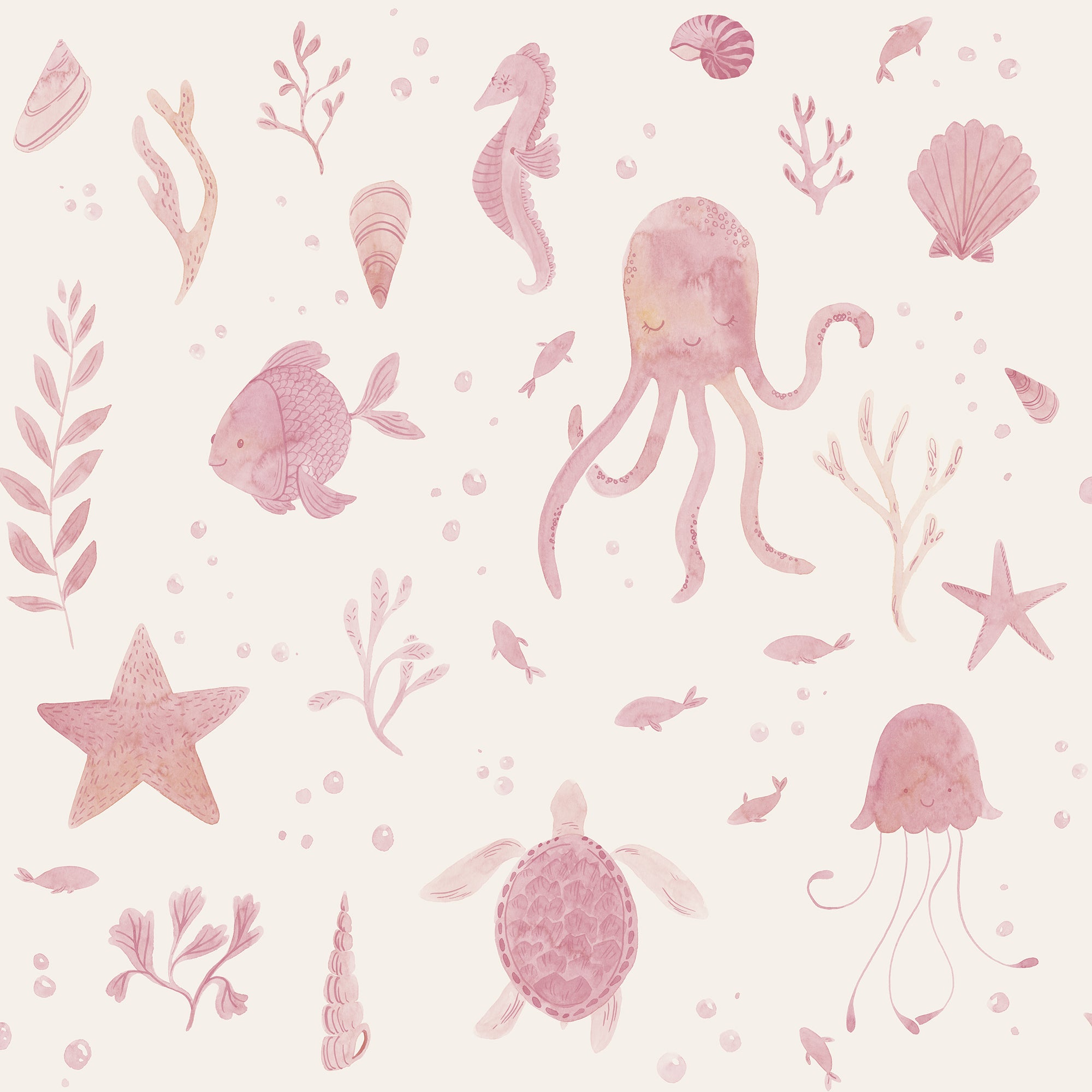 Della wallpaper by Sandberg in Pink, watercolour octopus, turtles, starfish and shells on a cream ground