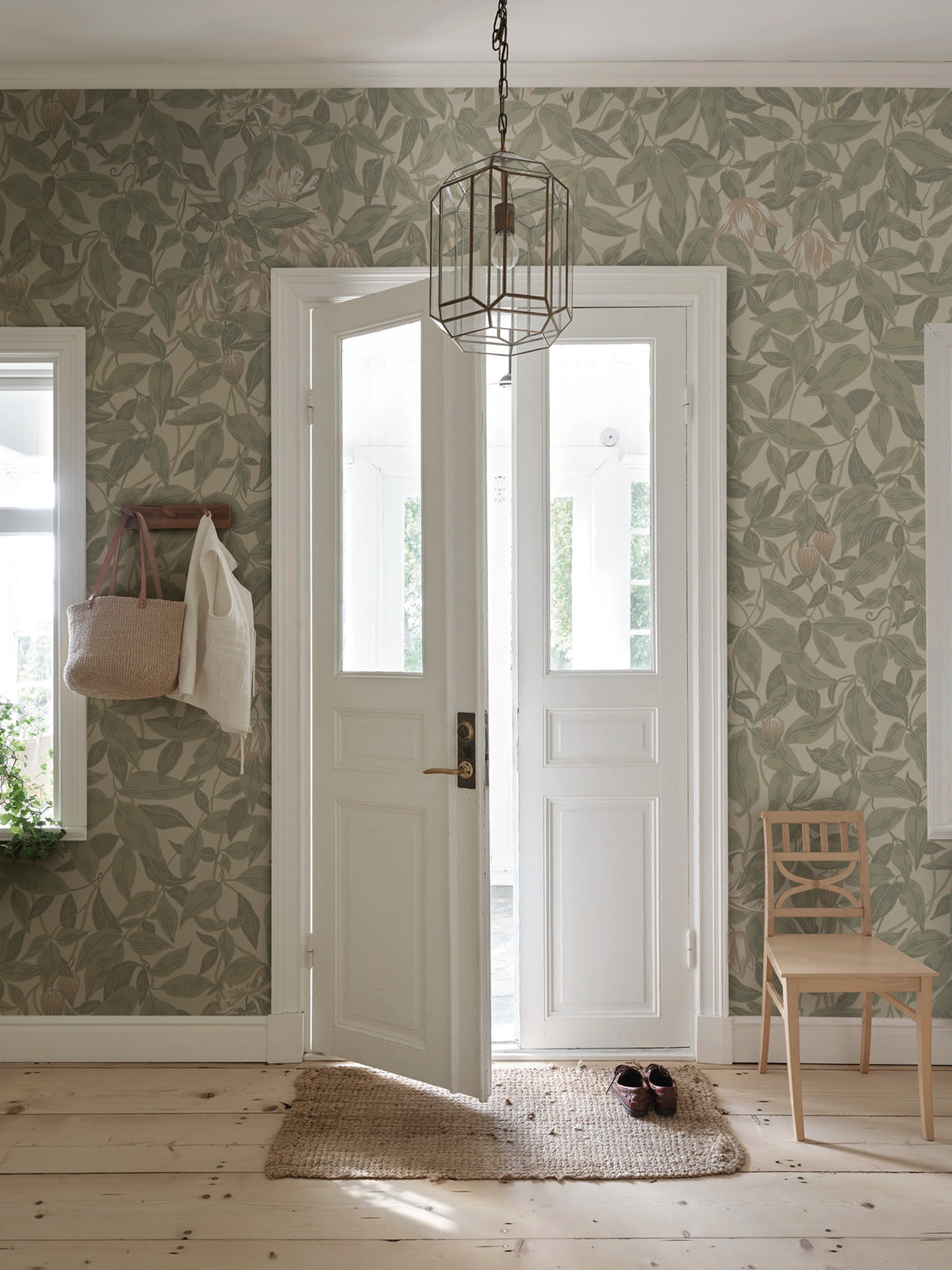 Linnea Mural wall mural by Sandberg – floral design, Green – Garden Green – styled in a room setting