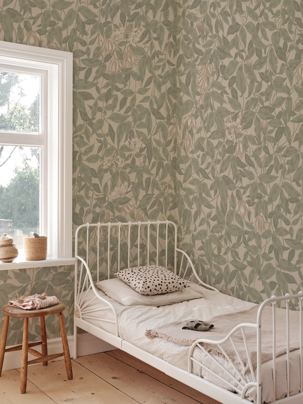 Linnea Mural wall mural by Sandberg – floral design, Green – Garden Green – styled in a room setting, view 2
