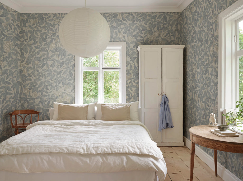 Linnea Mural wall mural by Sandberg – floral design, Blue – Misty Blue – styled in a room setting, view 5