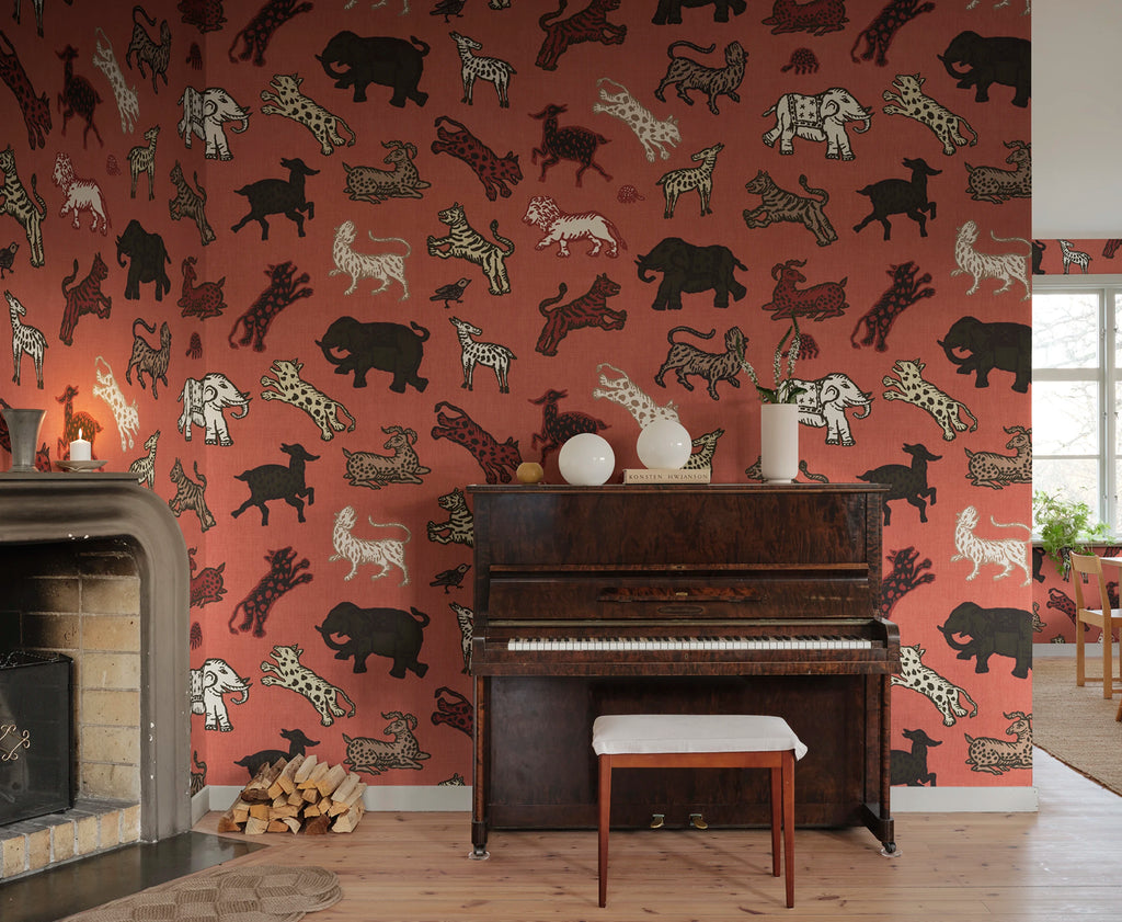 Leonard wallpaper by Sandberg – animals design, Red – styled in a room setting, view 10