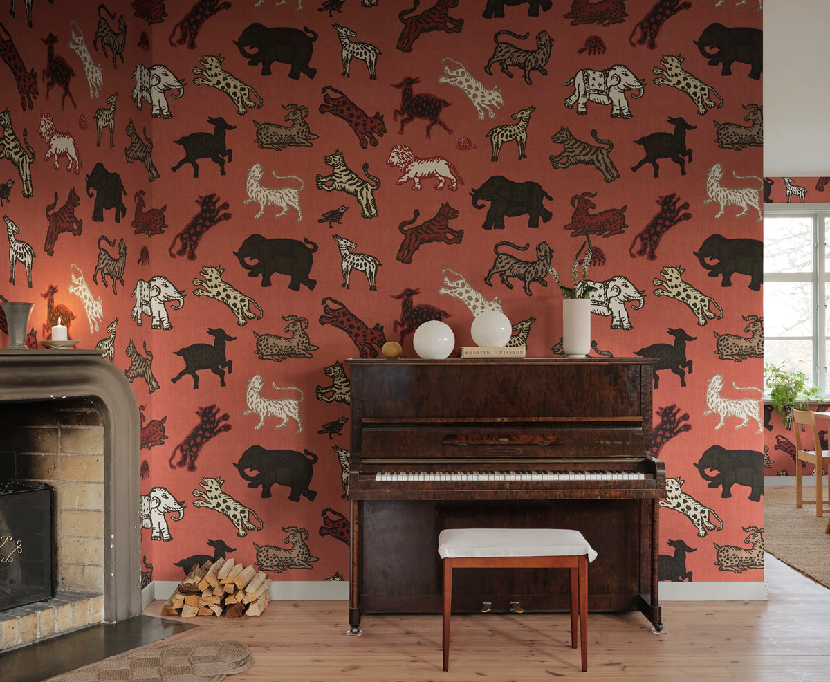 Leonard wallpaper by Sandberg – animals design, Red – styled in a room setting, view 10