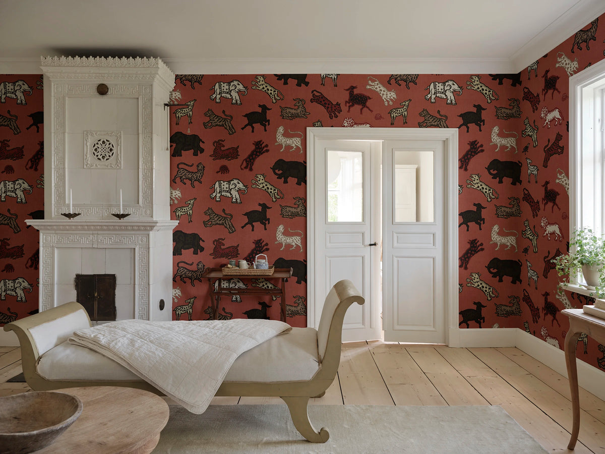 Leonard wallpaper by Sandberg – animals design, Red – styled in a room setting, view 11