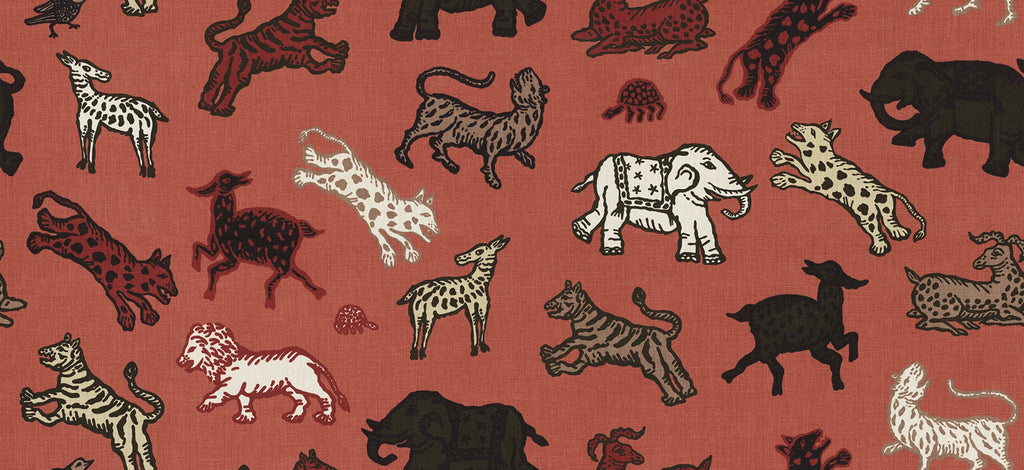 Leonard wallpaper by Sandberg – animals design, Red – styled in a room setting, view 9