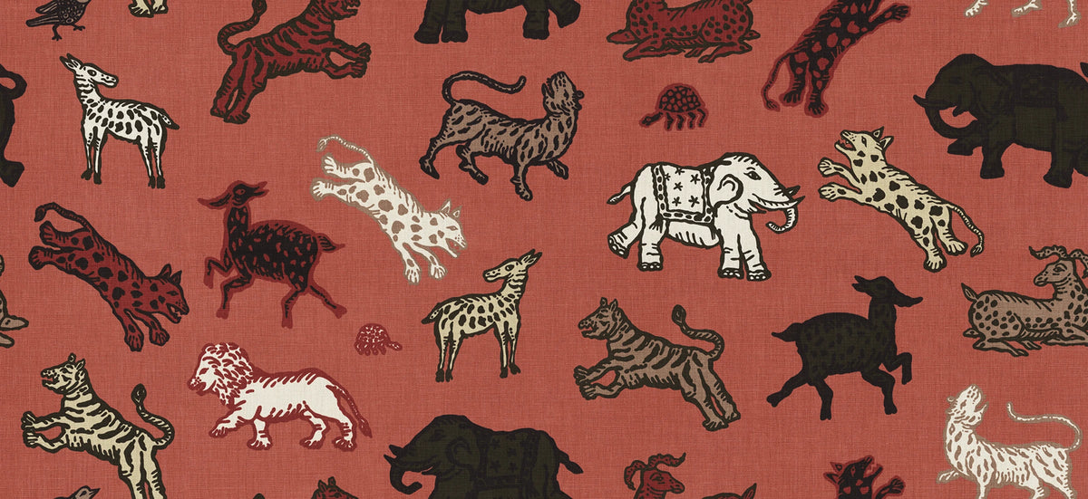 Leonard wallpaper by Sandberg – animals design, Red – styled in a room setting, view 9