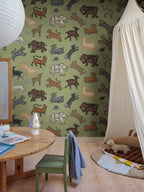Leonard wallpaper by Sandberg – animals design, Green – styled in a room setting, view 4